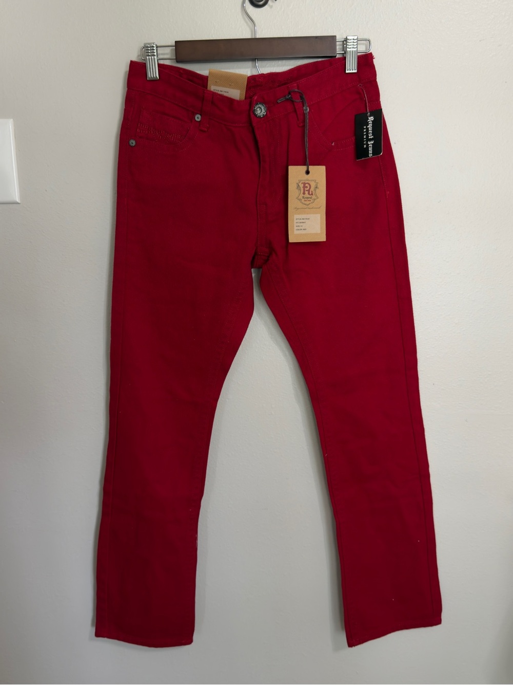 🇺🇸 NWT Request Jeans Premium Bold Crimson Red Slim Straight Jeans